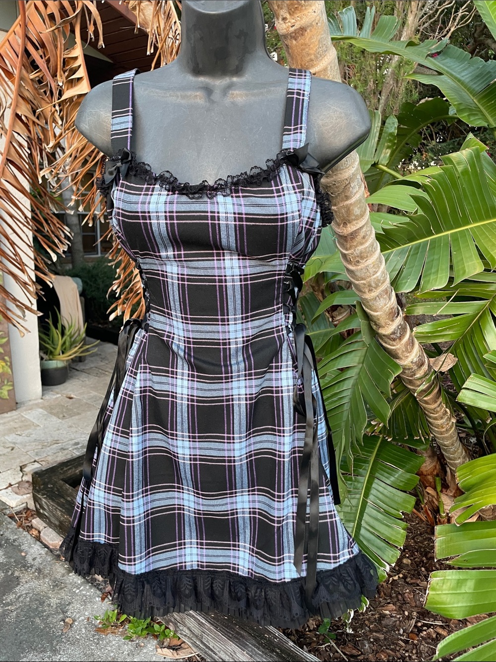 widow  lace, trimmed lace up plaid dress